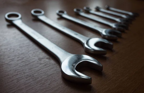 Set Metal Wrenches Wooden Background — Stock Photo, Image