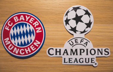 15 Aralık 2018. Nyon İsviçre. Lig takımlarından Bayern Münih'in logo ve Uefa Şampiyonlar Ligi.