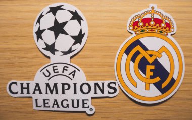 15 Aralık 2018. Nyon İsviçre. Futbol kulübü Real Madrid CF logosu ve Uefa Şampiyonlar Ligi.