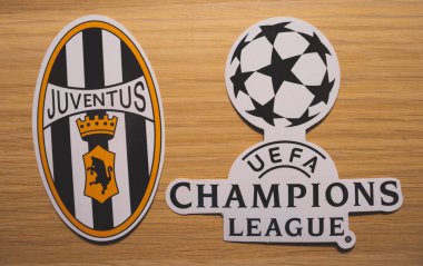 15 Aralık 2018. Nyon İsviçre. Lig takımlarından Juventus FC'in logo ve Uefa Şampiyonlar Ligi.