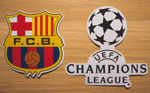 15 Aralık 2018. Nyon İsviçre. Futbol club Barcelona ve Uefa Şampiyonlar Ligi logosu.