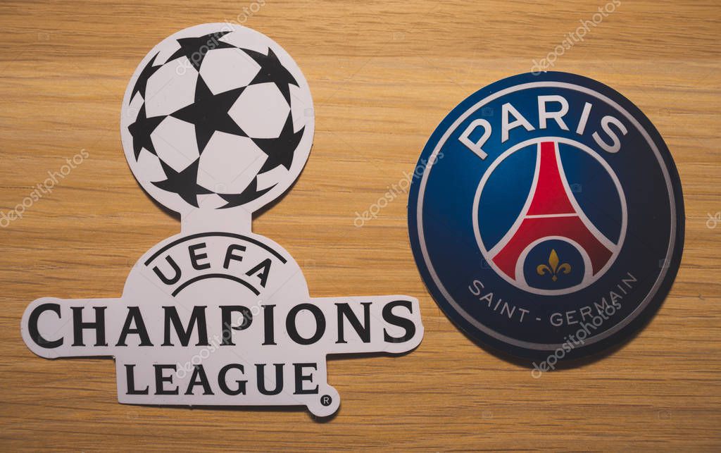 15 December 2018. Nyon Switzerland. The logo of the football club Paris Saint-Germain F.C. and UEFA Champions League.
