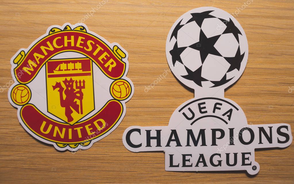 15 December 2018. Nyon Switzerland. The logo of the football club Manchester United F.C. and UEFA Champions League.