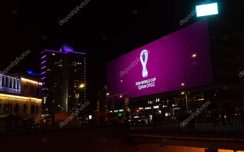 10 September 2019, Moscow, Russia. The logo of the FIFA world Cup 2022, which will be held in Qatar, on a giant screen in the city center.