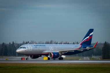 29 Ekim 2019, Moskova, Rusya. Uçak Airbus A320-200 Aeroflot - Moskova 'daki Sheremetyevo havaalanında Rus Havayolları.