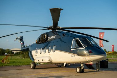 30 Ağustos 2019. Zhukovsky, Rusya. Uluslararası Havacılık ve Uzay Salonu MAKS 2019 'da Rus orta-amaçlı Mil Mi-38 helikopteri..