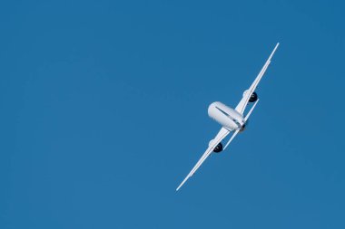 30 Ağustos 2019. Zhukovsky, Rusya. Uluslararası Havacılık ve Uzay Salonu MAKS 2019 'da orta menzilli Rus yolcu uçağı Irkut MC-21 vaat ediyor..