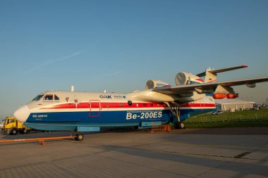 30 Ağustos 2019. Zhukovsky, Rusya. Çok amaçlı amfibi uçak Beriev Be-200 Altair Uluslararası Havacılık ve Uzay Salonu MAKS 2019.