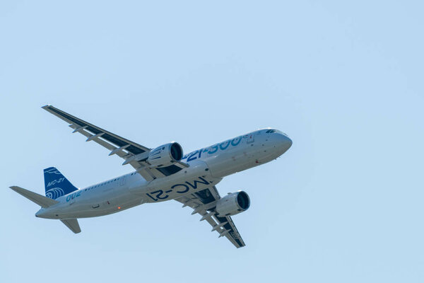 August 30, 2019. Zhukovsky, Russia. Promising Russian medium-range narrow-body passenger aircraft Irkut MC-21 at the International Aviation and Space Salon MAKS 2019.