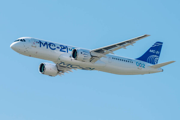 August 30, 2019. Zhukovsky, Russia. Promising Russian medium-range narrow-body passenger aircraft Irkut MC-21 at the International Aviation and Space Salon MAKS 2019.