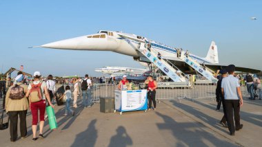 30 Ağustos 2019 Zhukovsky, Rusya. Sovyet süpersonik yolcu uçağı Tupolev Tu-144 Uluslararası Havacılık ve Uzay Salonu MAKS 2019.