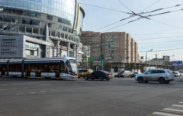 March 2019 Moscow Russia Tram Busy Street Rush Hour — Stock Photo, Image