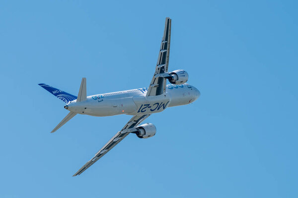 August 30, 2019. Zhukovsky, Russia. Promising Russian medium-range narrow-body passenger aircraft Irkut MC-21 at the International Aviation and Space Salon MAKS 2019.