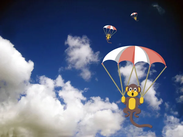Macacos com paraquedas no céu — Vetor de Stock