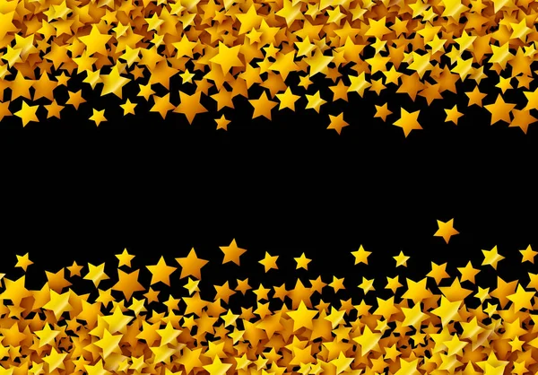 Golden stars glitter scattered on black in celebration card — Stock Vector