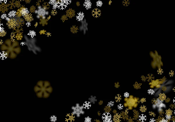 Sneeuwval achtergrond met gouden sneeuwvlokken wazig in het donker — Stockvector
