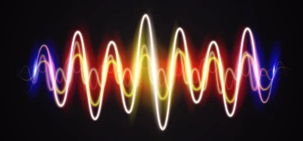 Forma d'onda al neon segno musicale lucido con razzi — Vettoriale Stock