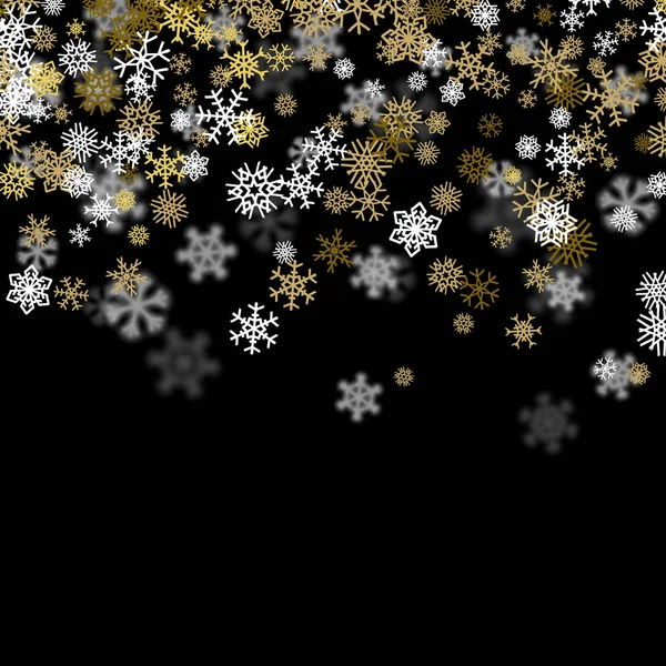 Fondo de nevadas con copos de nieve dorados borrosos en la oscuridad — Vector de stock