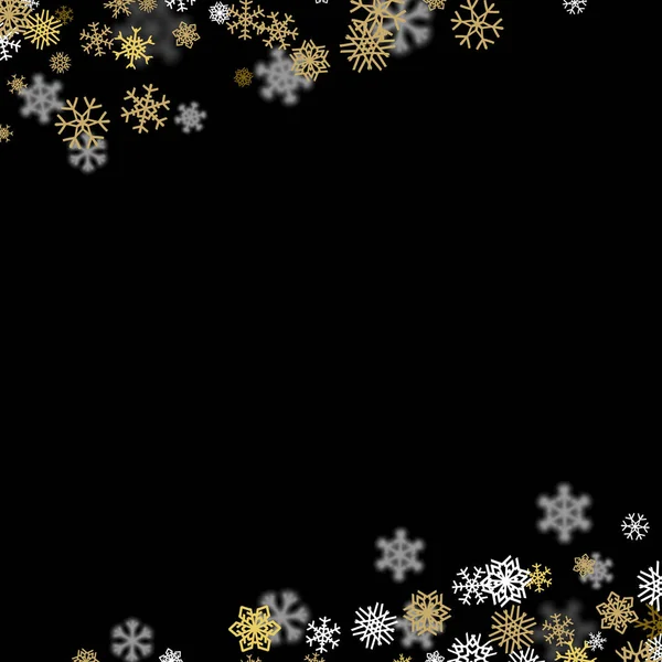 Fondo de nevadas con copos de nieve dorados borrosos en la oscuridad — Vector de stock