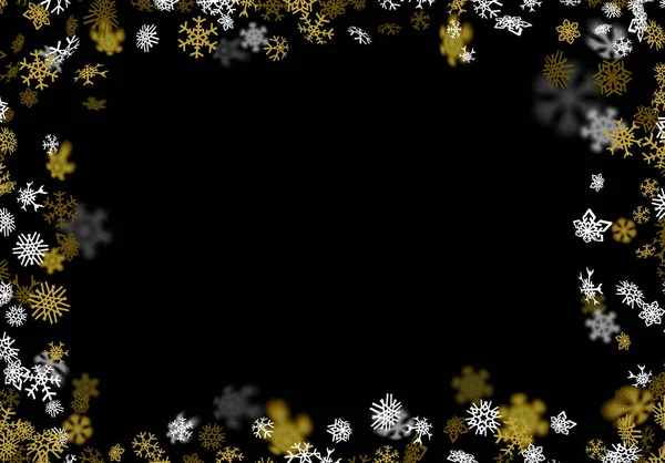 Fondo de nevadas con copos de nieve dorados borrosos en la oscuridad — Vector de stock