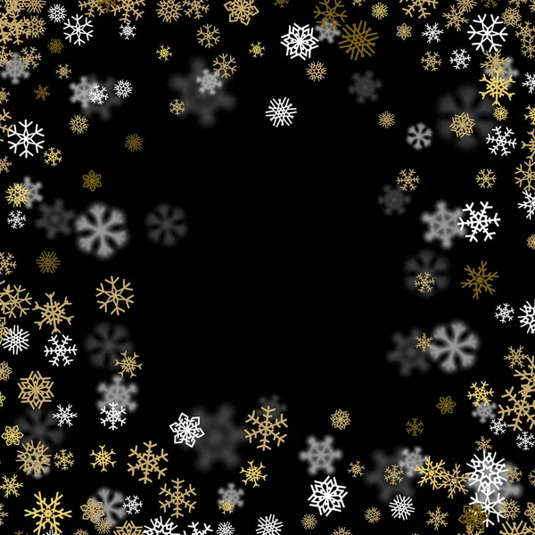 Fondo de nevadas con copos de nieve dorados borrosos en la oscuridad — Vector de stock