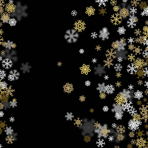 Karanlıkta bulanık altın kar taneleri ile kar yağışı arka planı — Stok Vektör