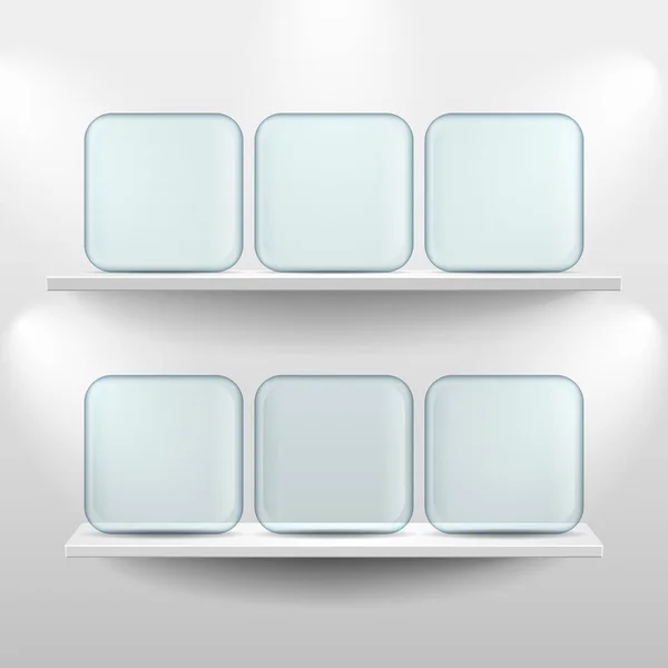 Shelves with glass app icons on white background — Stock Vector