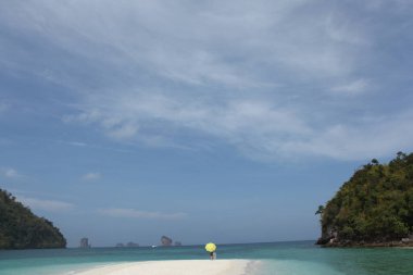 Sahilde şemsiyesi olan dikiz aynalı adam.