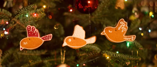 Eatable christmas decoration - Bird shaped gingerbreads hanging on the christmas tree with light garland and glass spheres
