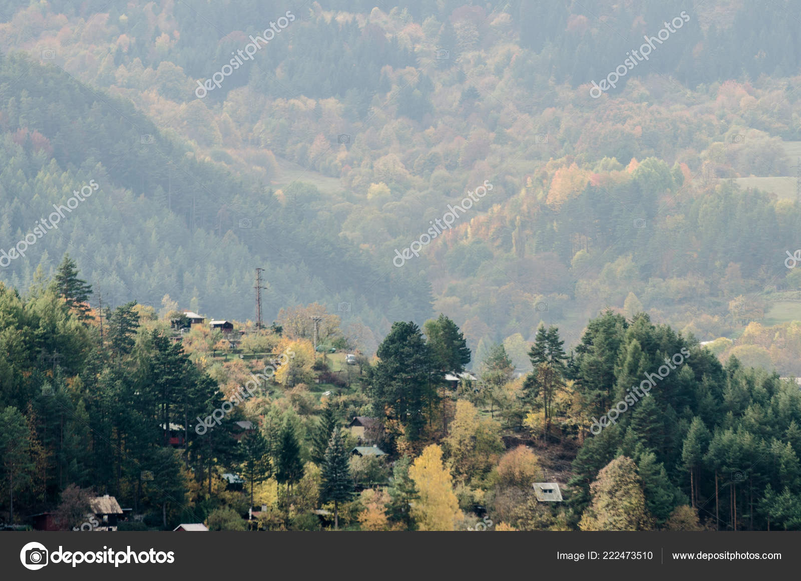 Small Cabins Mountains Autumn Forest Landscape Slovakia Stock