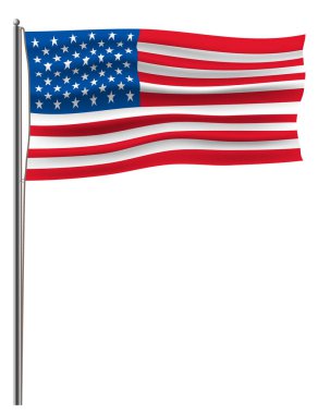 Resmi vektör ABD bayrağı için metal bir flagstaff bir ip tarafından bağlı. Vektör Amerika bayrağı sallayarak beyaz rüzgarla izole. Kırmızı mavi beyaz renkler 3d etkisi ile Amerika Birleşik Devletleri bayrağı