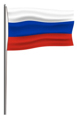 Resmi vektör Rusya bayrağı için metal bir flagstaff bir ip tarafından bağlı. Vektör Rus bayrağı sallayarak beyaz rüzgarla izole. Beyaz kırmızı mavi renkler. Bir rüzgar 3d etkisi bayrak
