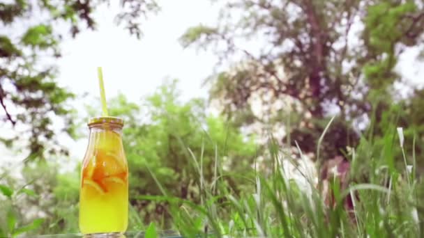 Lemon Minum Dalam Botol Latar Belakang Rumput Hijau — Stok Video