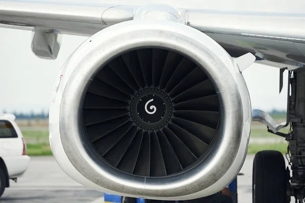 Aircraft engine turbine wing.Airplane turbine detail. Airplane engine closeup. Aviation banner, international airlines business, ground handling services.
