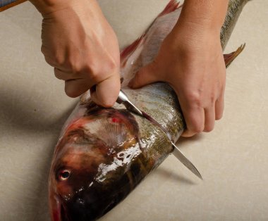 Biftekler için masada bıçakla kesilmiş taze balık.
