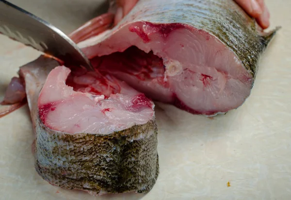 raw fish cut into steaks with the head