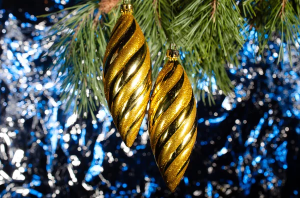 Fondo Para Tarjetas Navidad Brillante Con Juguetes Árbol Navidad Hay — Foto de Stock