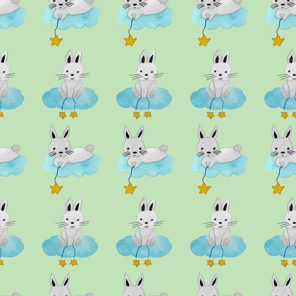 Seamless Pattern Bunny Cloud Stars String Gentle Baby Pattern — Stock Photo, Image