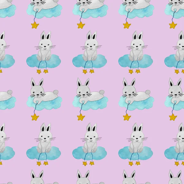 Seamless Pattern Bunny Cloud Stars String Gentle Baby Pattern — Stock Photo, Image