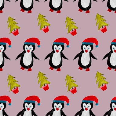 Kusursuz desenli Noel temalı penguen kırmızı şapkalı ve Noel ağacında