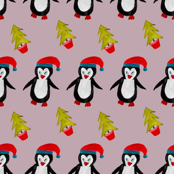 Bezešvé Vzor Vánoční Téma Tučňák Červené Čepici Vánoční Stromeček — Stock fotografie