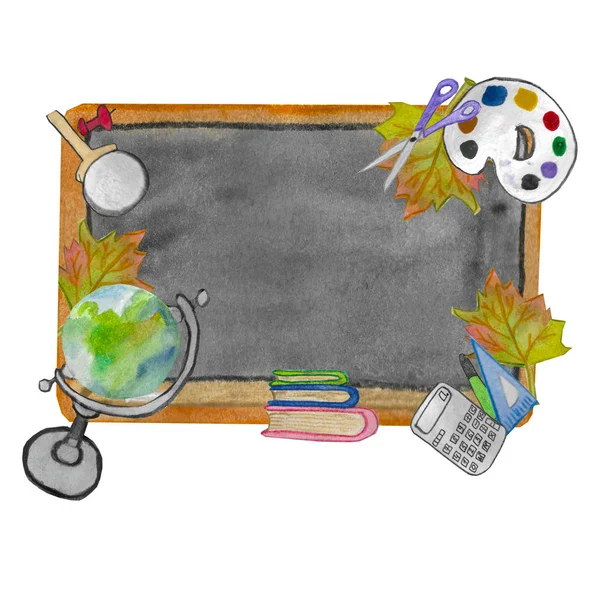 illustration of a school Board with different subjects globe,pencils,ruler,palette,scissors,magnifier,books,calculator,button.