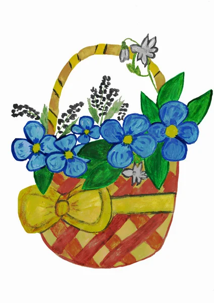 Illustration Von Korb Mit Blauen Blumen Auf Korb Gelbe Schleife — Stockfoto
