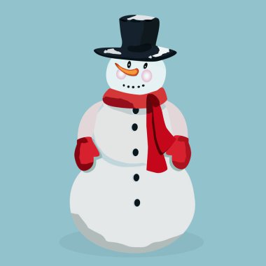 Üç parçalı şapka eldivenli kardan adam, kış çizimi.