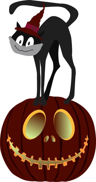 Dyniowy czarny z płonącymi oczami z czarnym kotem w kapeluszu czarownicy. świętowanie Halloween — Wektor stockowy