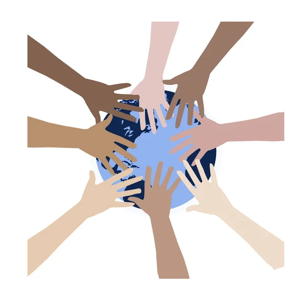 Symbol multiethnischer Menschenhände, die den Globus umgeben. Einheit, Weltfrieden, Menschen auf der Welt, die einen Globus in der Hand halten — Stockvektor