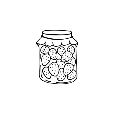 Kavanozda çilek turşusu resmi. Tekstil, ağ, baskı, hediye paketi için vektör. Kış için ürünlerin sonbahar hazırlığı.