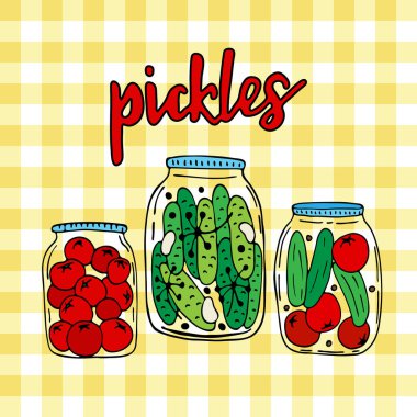 Salatalık turşusu ve domatesli kavanozların vektör çizimi. Turşu karalaması. Tekstil, ağ, kartpostal baskısı, ambalaj kağıdı için kusursuz desen.