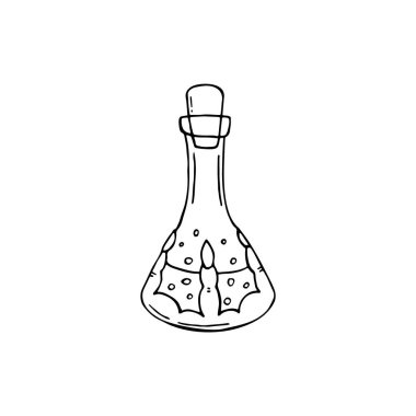 Sihirli iksirin karalama resmi. Ağ, tekstil, dekorasyon, çıkartma taşıyıcısı. Basit siyah beyaz resim. Cadılar Bayramı.