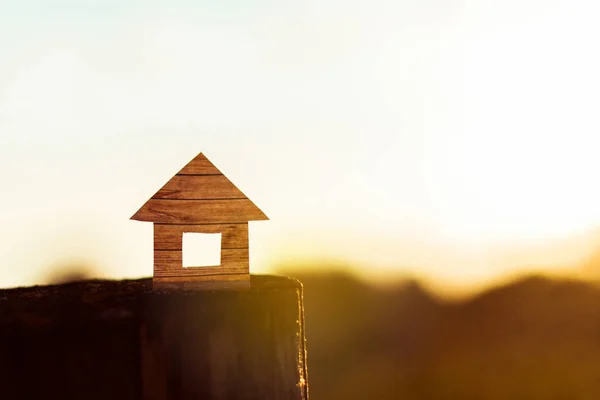 Conceptual Paper House Isolated Sunset Sky — Stock Photo, Image